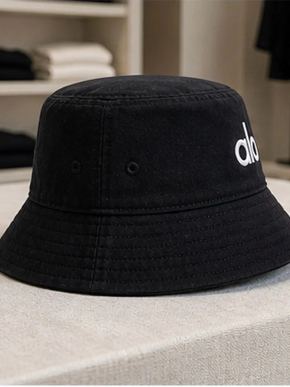 ALO Yoga Black Bucket Hat with White Logo